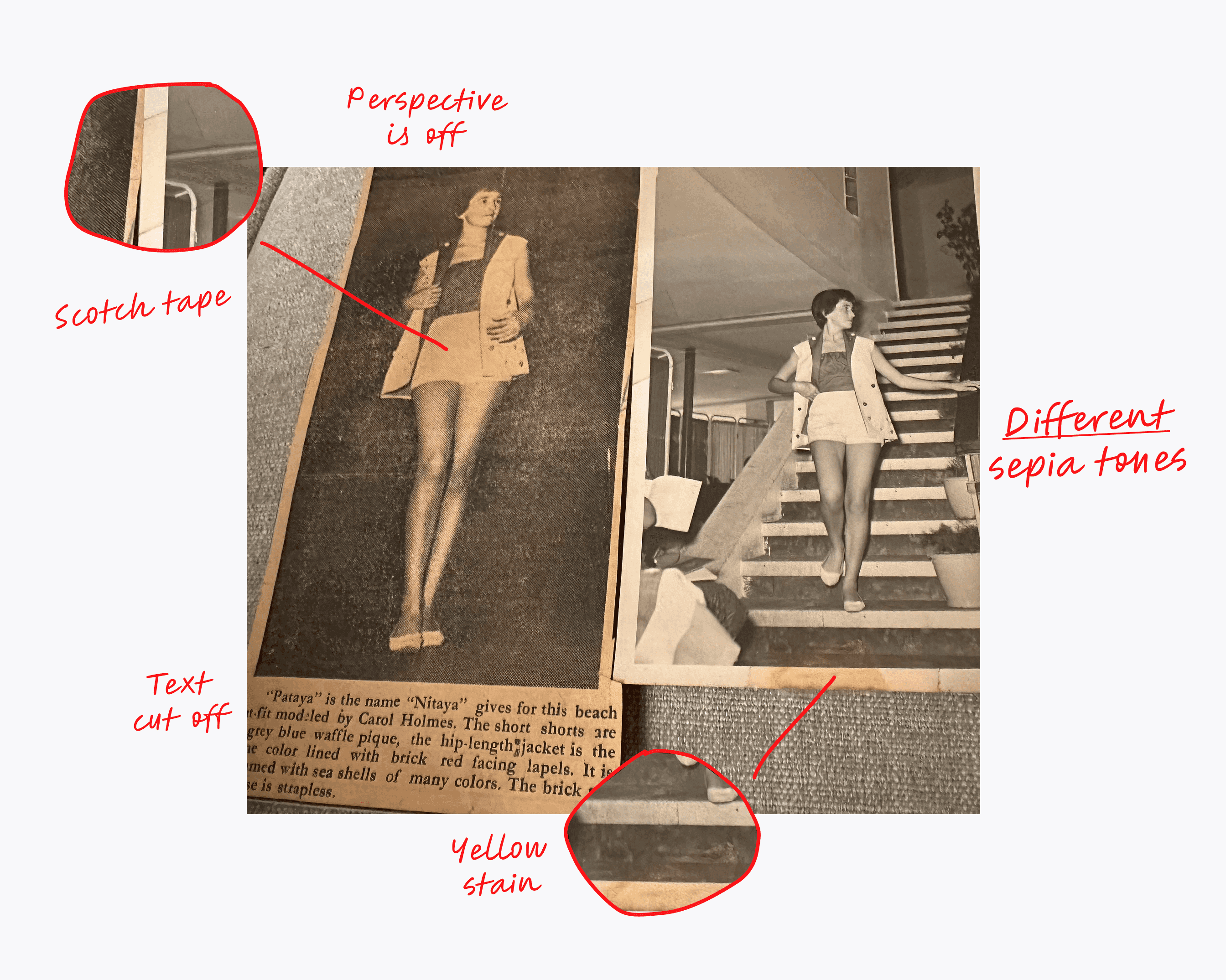 Original photos with scotch tape, stains and uneven sepia tones