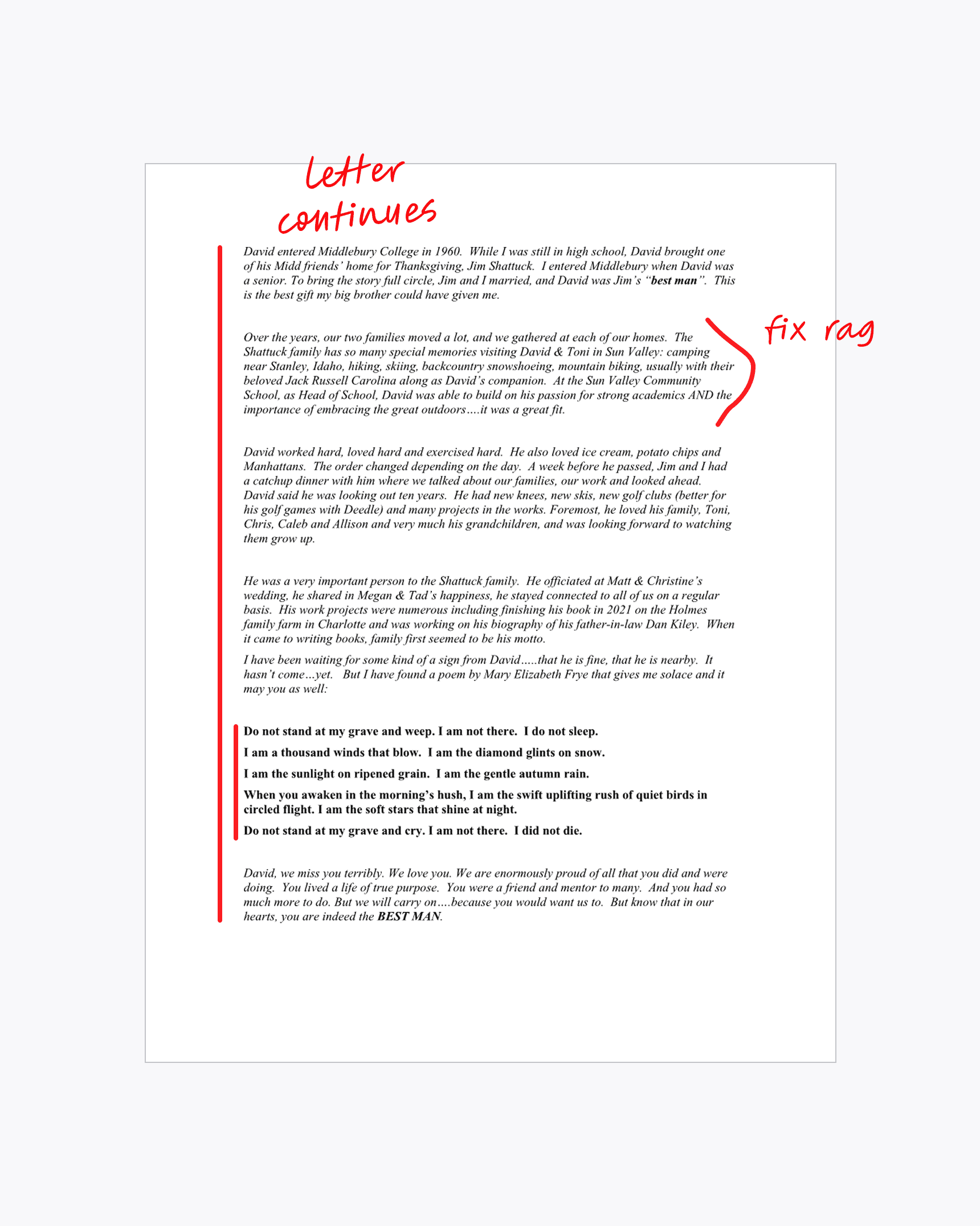 Carol's manuscript with notes: letter continues, fix rag